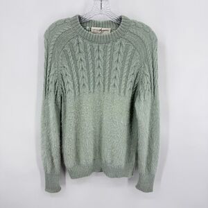 Peruvian Connection 100% Alpaca Handmade Cable Knit Crewneck Sweater Green